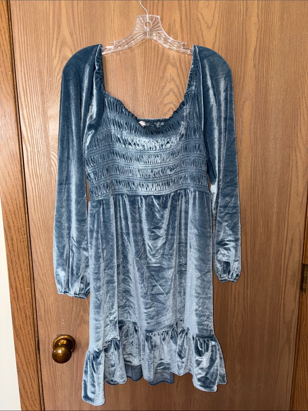 LC Lauren Conrad Steel Blue Velvet Long-Sleeve Smocked Babydoll Dress